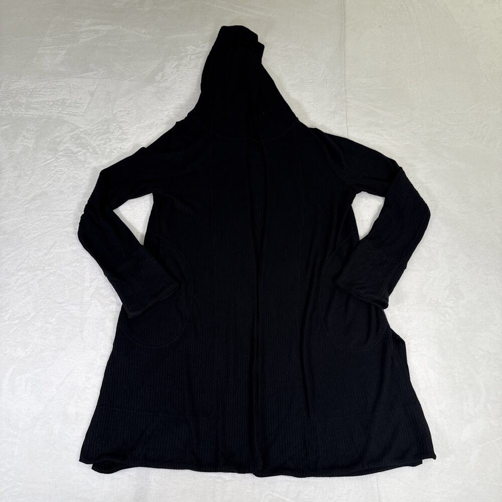 Athleta Harmony Pose Wrap M Black Ribbed Hooded Cardigan Open Front Thumbholes - Picture 2 of 15